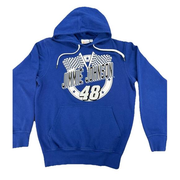 Jimmy Johnson #48 NASCAR Hoodie Men’s Sz M Blue Pullover Sweatshirt Racing Flags - Picture 2 of 9